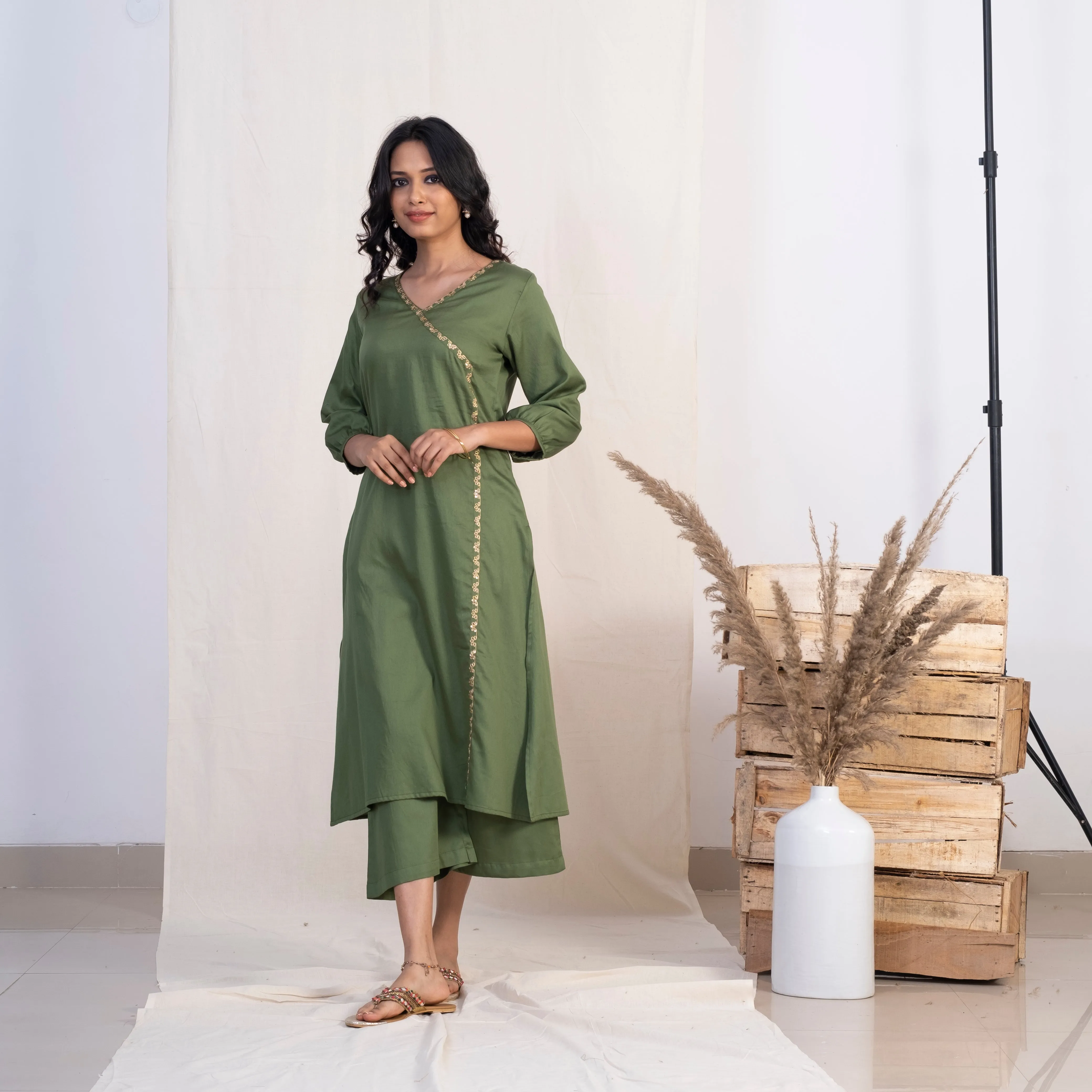 Akiso Green Angrakha Embroidery Kurta With Palazzo And Blue Dupatta (Set of 3)