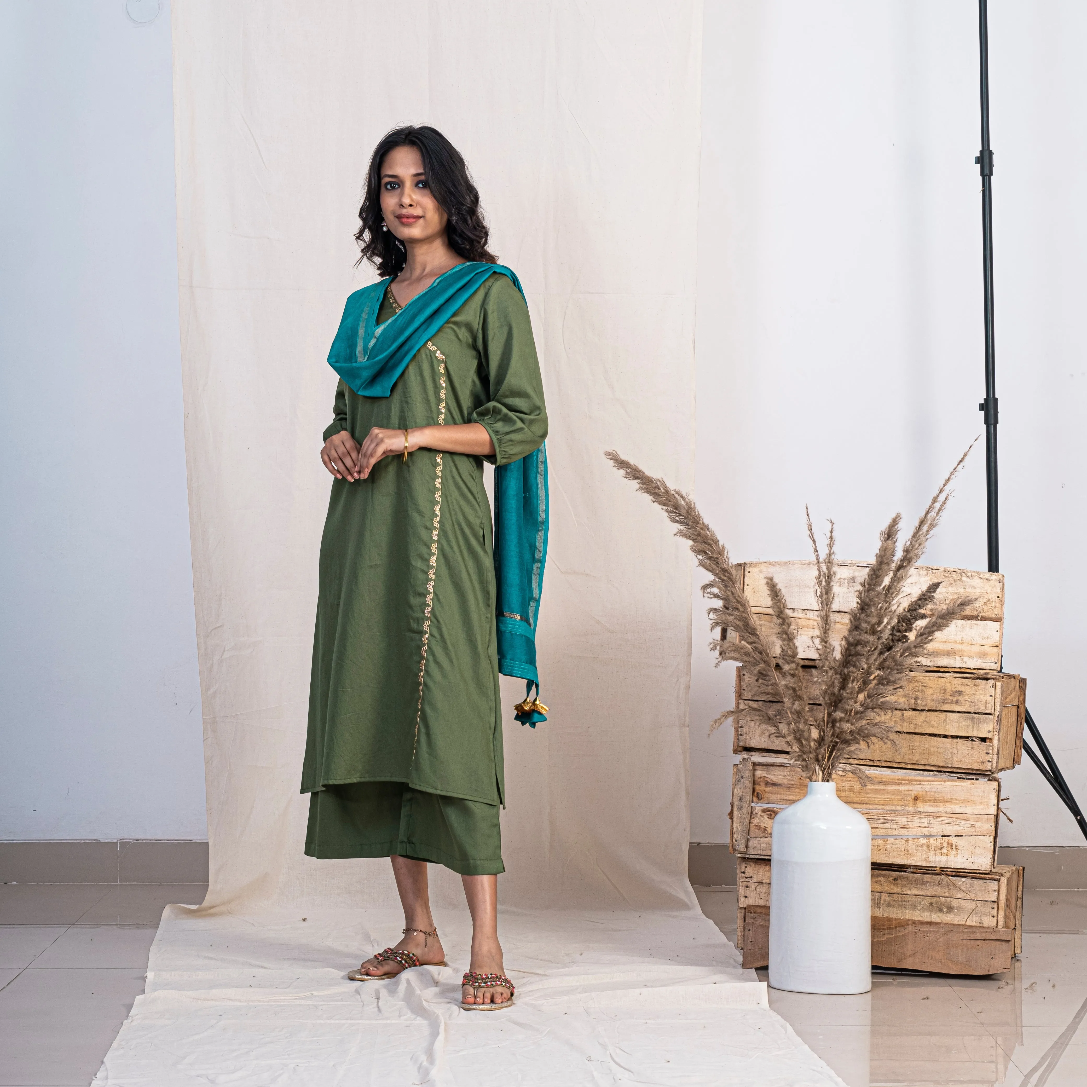Akiso Green Angrakha Embroidery Kurta With Palazzo And Blue Dupatta (Set of 3)