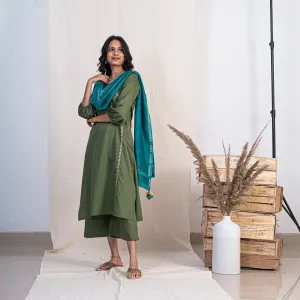 Akiso Green Angrakha Embroidery Kurta With Palazzo And Blue Dupatta (Set of 3)