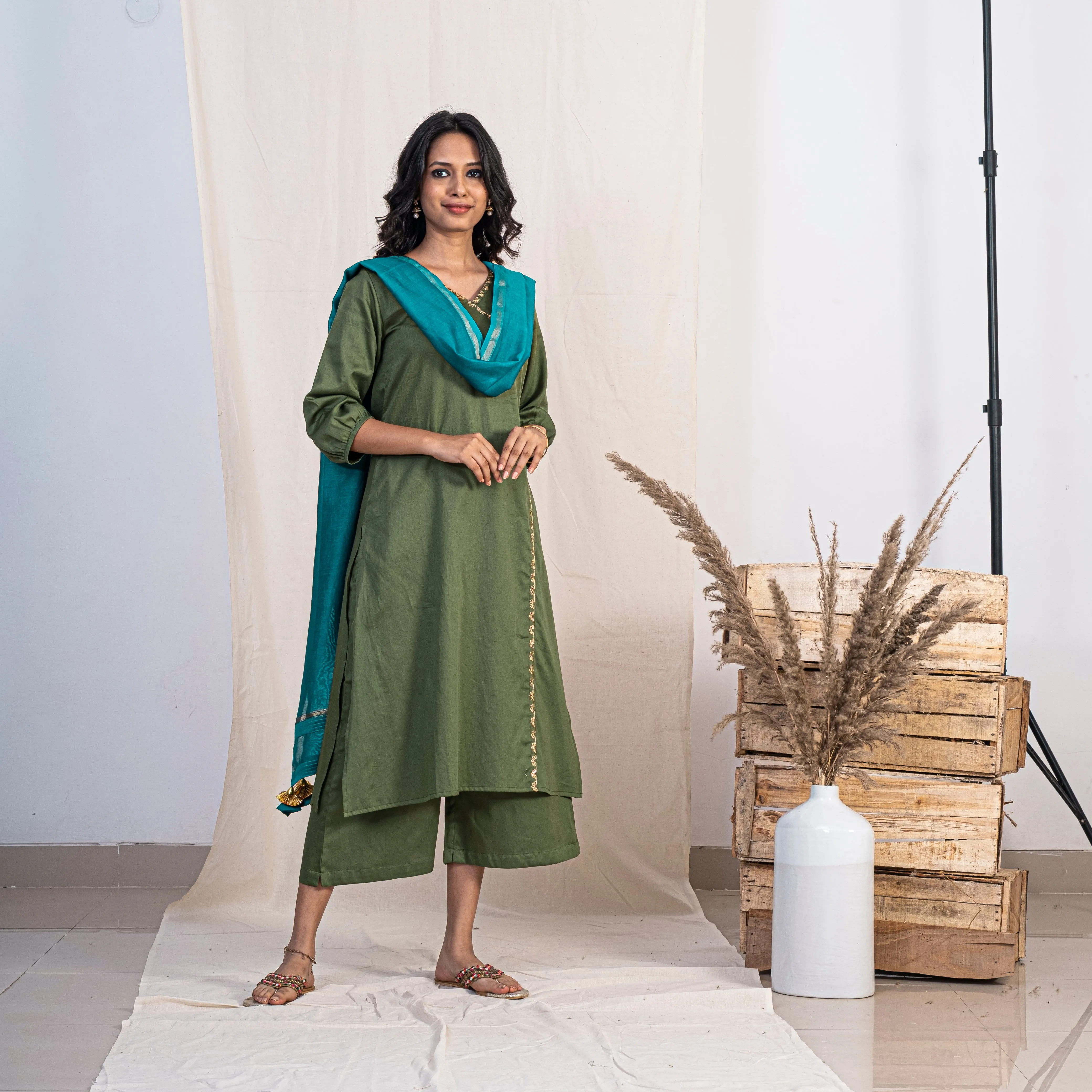 Akiso Green Angrakha Embroidery Kurta With Palazzo And Blue Dupatta (Set of 3)