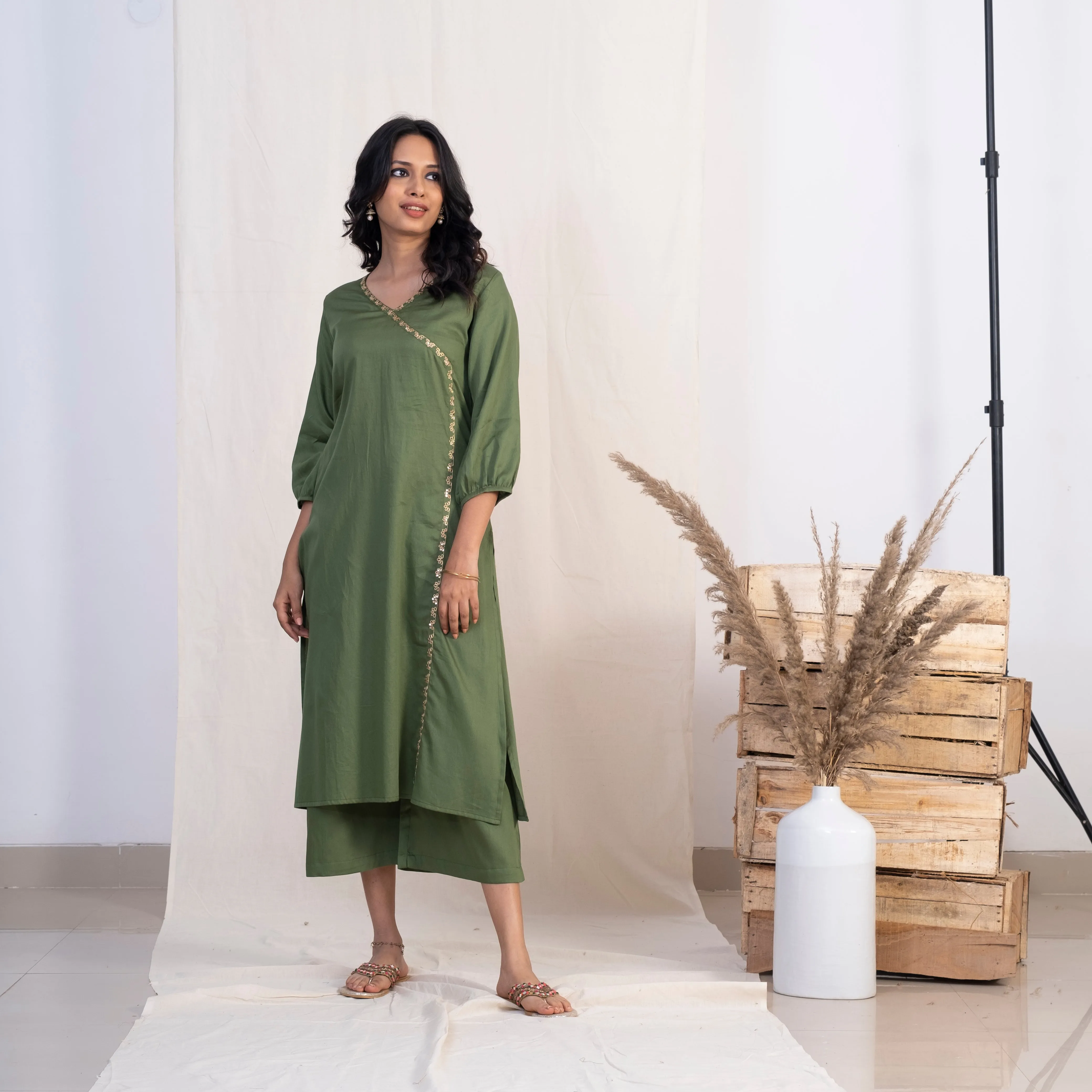 Akiso Green Angrakha Embroidery Kurta With Palazzo And Blue Dupatta (Set of 3)