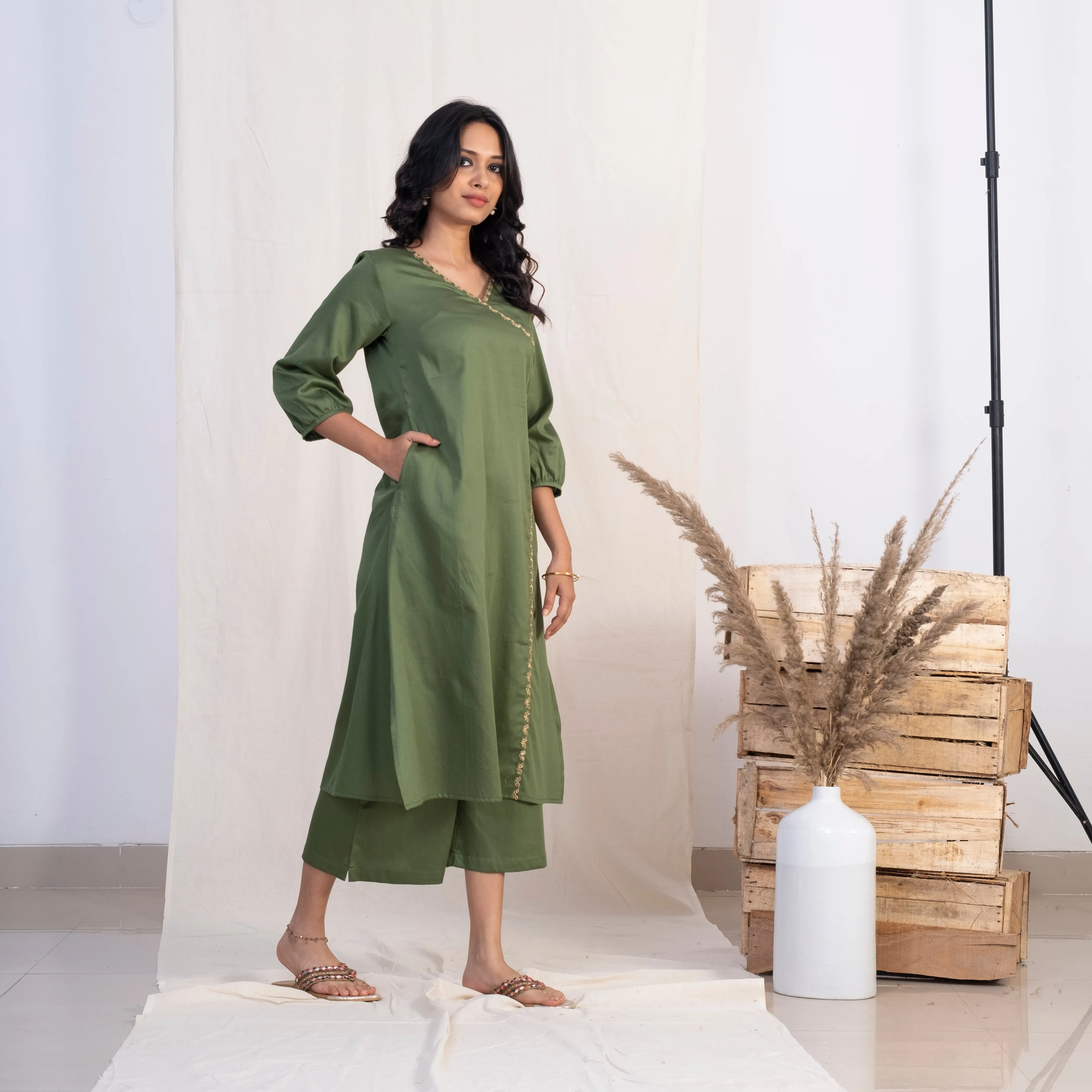 Akiso Green Angrakha Embroidery Kurta With Palazzo (Set of 2)