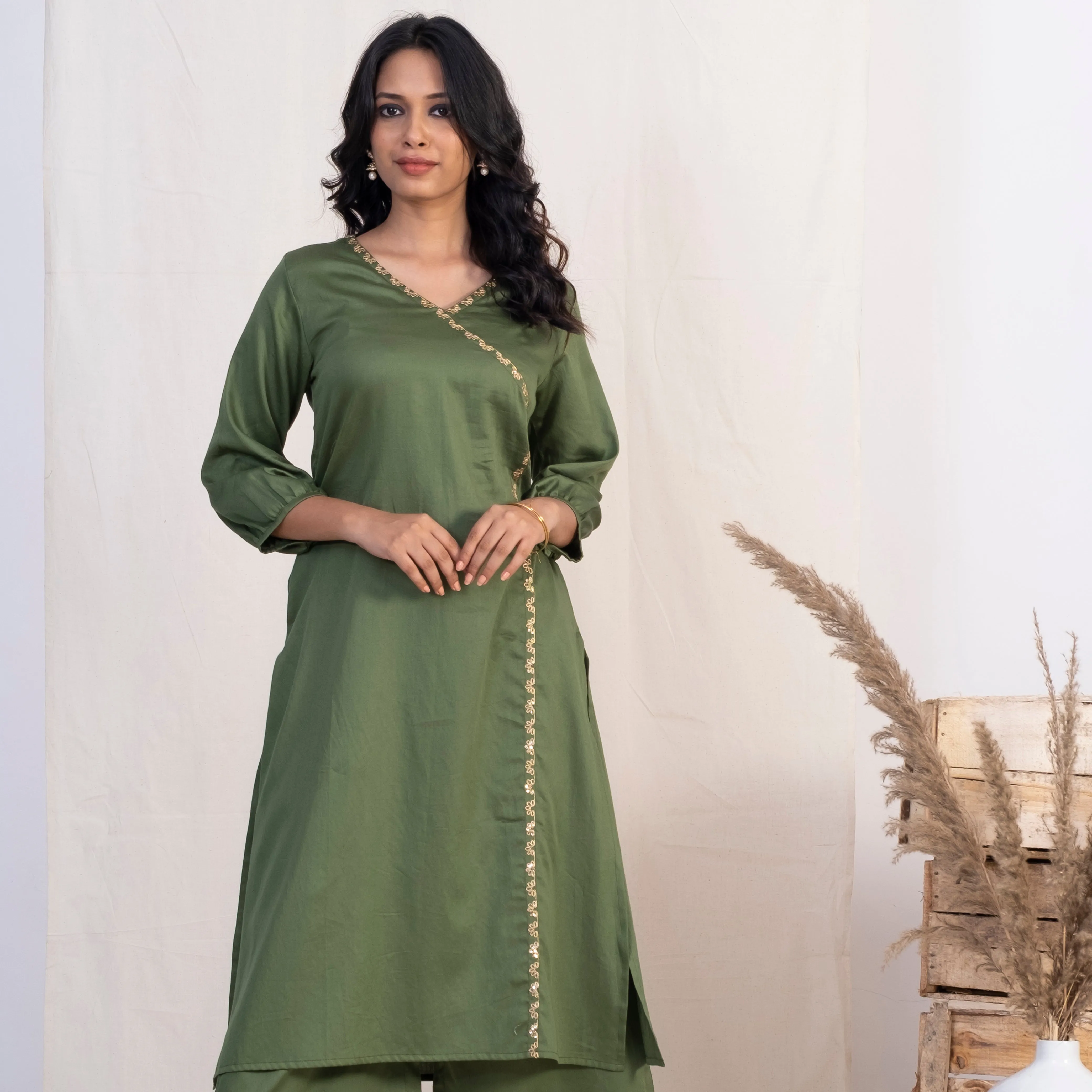 Akiso Green Angrakha Embroidery Kurta With Palazzo (Set of 2)