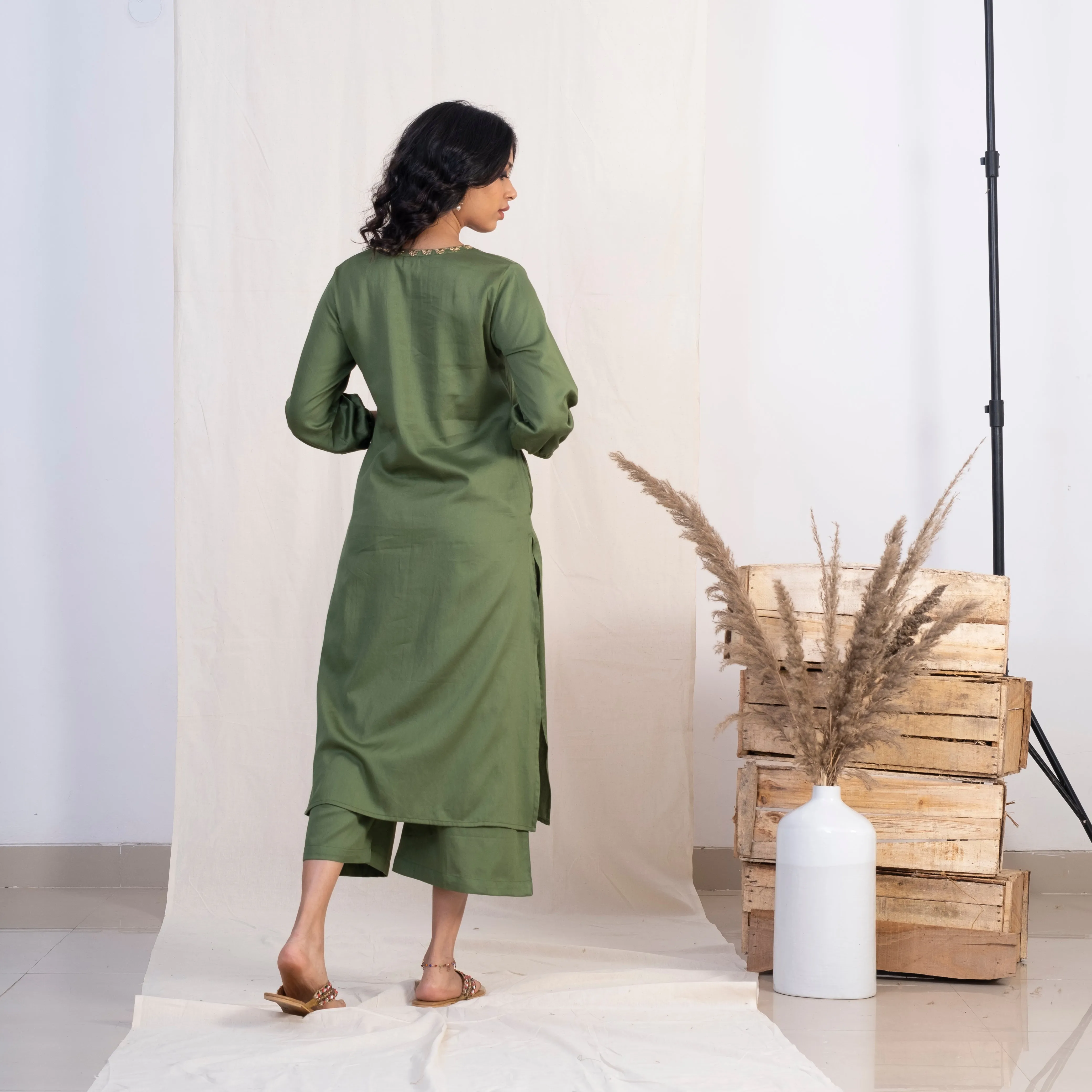 Akiso Green Angrakha Embroidery Kurta With Palazzo (Set of 2)
