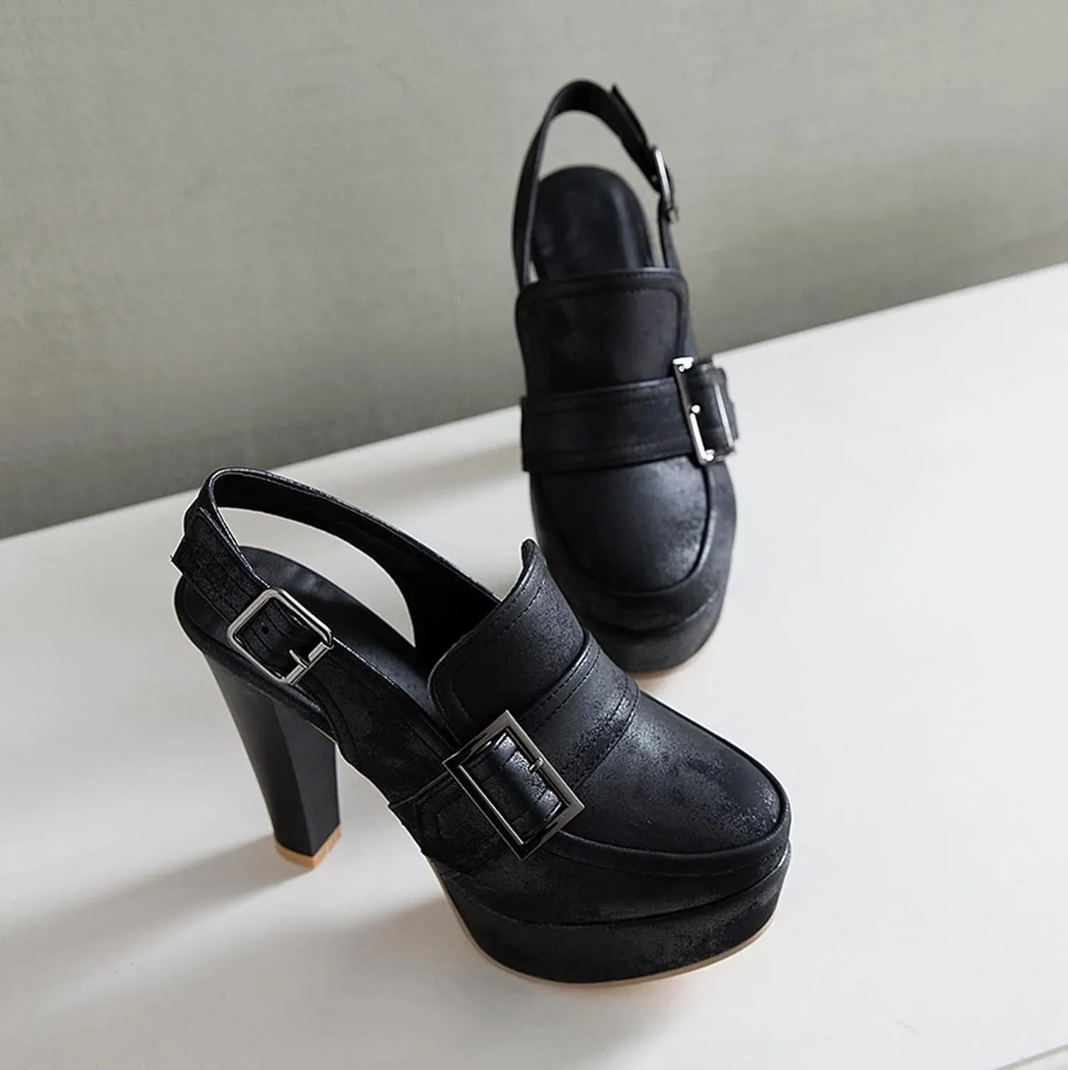 bbruriy Women's Belt Buckle Slingback High Heels Platform Chunky High Ankle Strap Dance Dress Closed Round Toe Pumps Shoes 11Cm/4.3Inch Heel