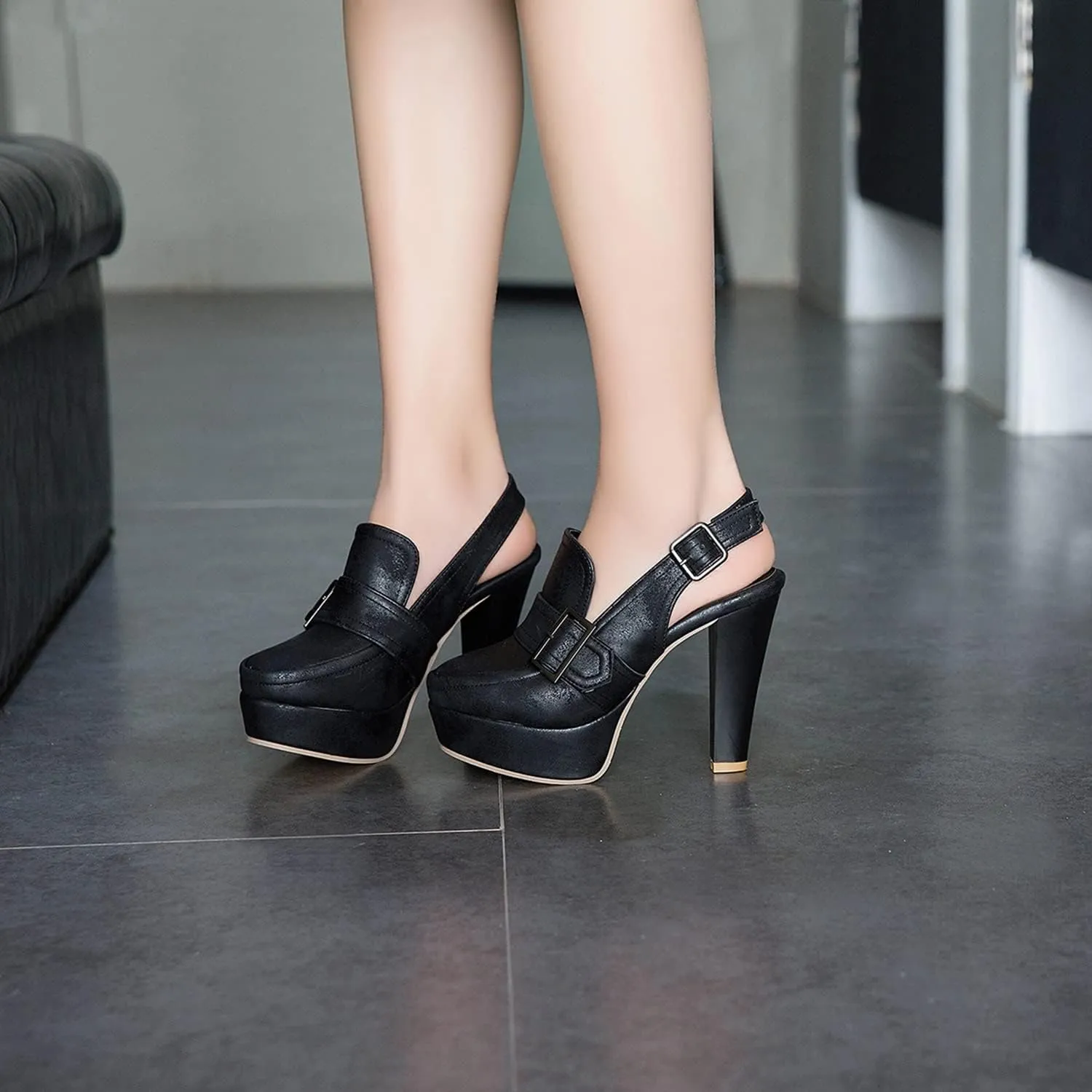 bbruriy Women's Belt Buckle Slingback High Heels Platform Chunky High Ankle Strap Dance Dress Closed Round Toe Pumps Shoes 11Cm/4.3Inch Heel