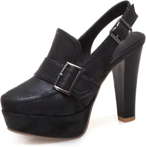 bbruriy Women's Belt Buckle Slingback High Heels Platform Chunky High Ankle Strap Dance Dress Closed Round Toe Pumps Shoes 11Cm/4.3Inch Heel