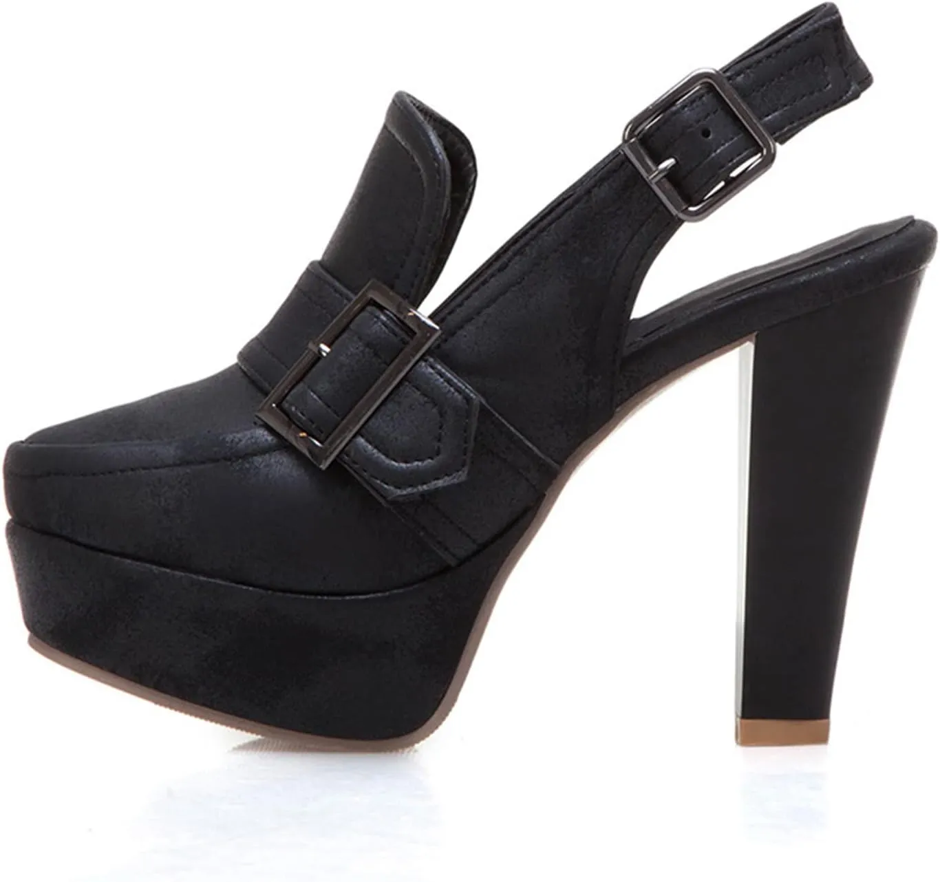 bbruriy Women's Belt Buckle Slingback High Heels Platform Chunky High Ankle Strap Dance Dress Closed Round Toe Pumps Shoes 11Cm/4.3Inch Heel