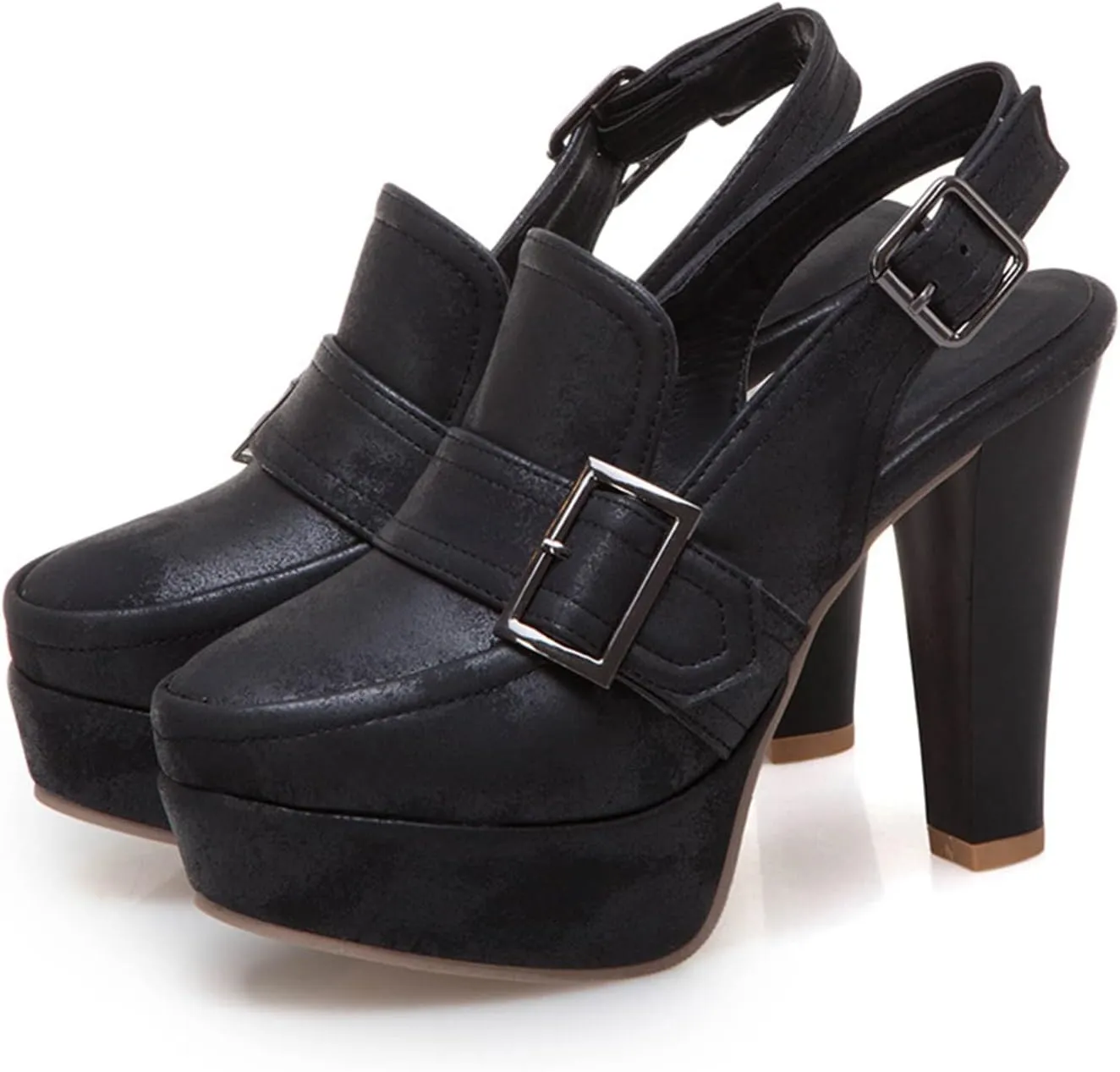 bbruriy Women's Belt Buckle Slingback High Heels Platform Chunky High Ankle Strap Dance Dress Closed Round Toe Pumps Shoes 11Cm/4.3Inch Heel