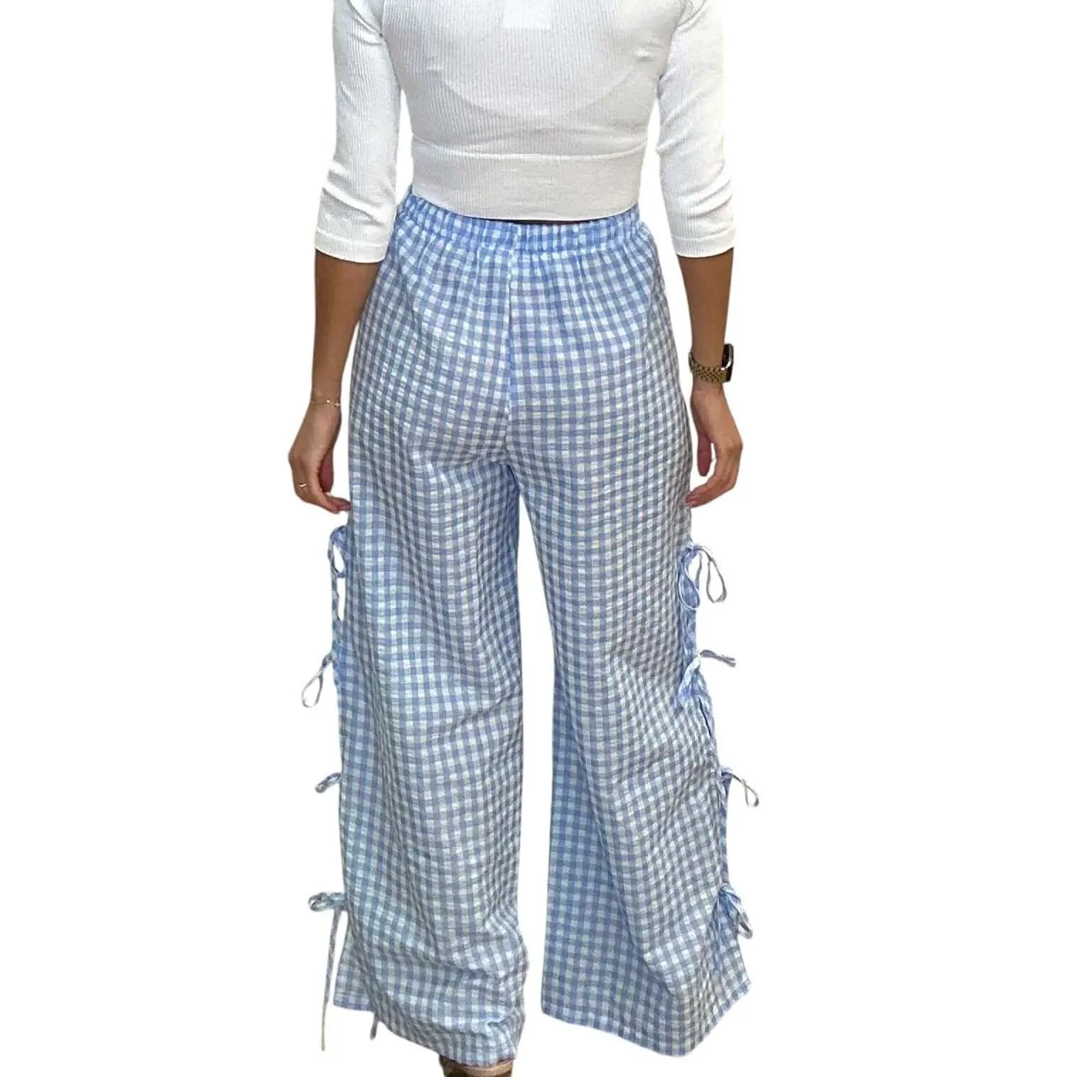 Blue Gingham Tie-Side Wide-Leg Pants