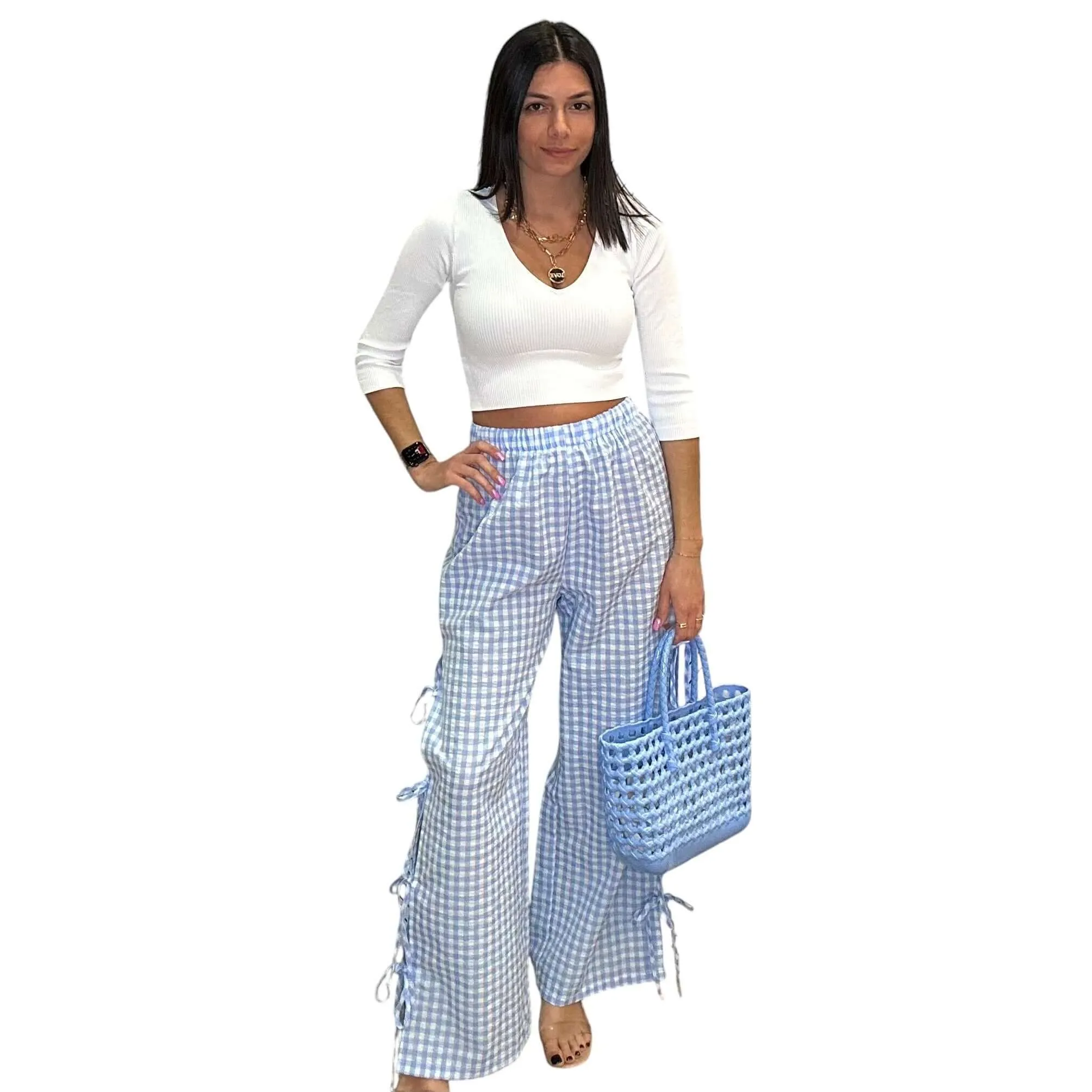 Blue Gingham Tie-Side Wide-Leg Pants