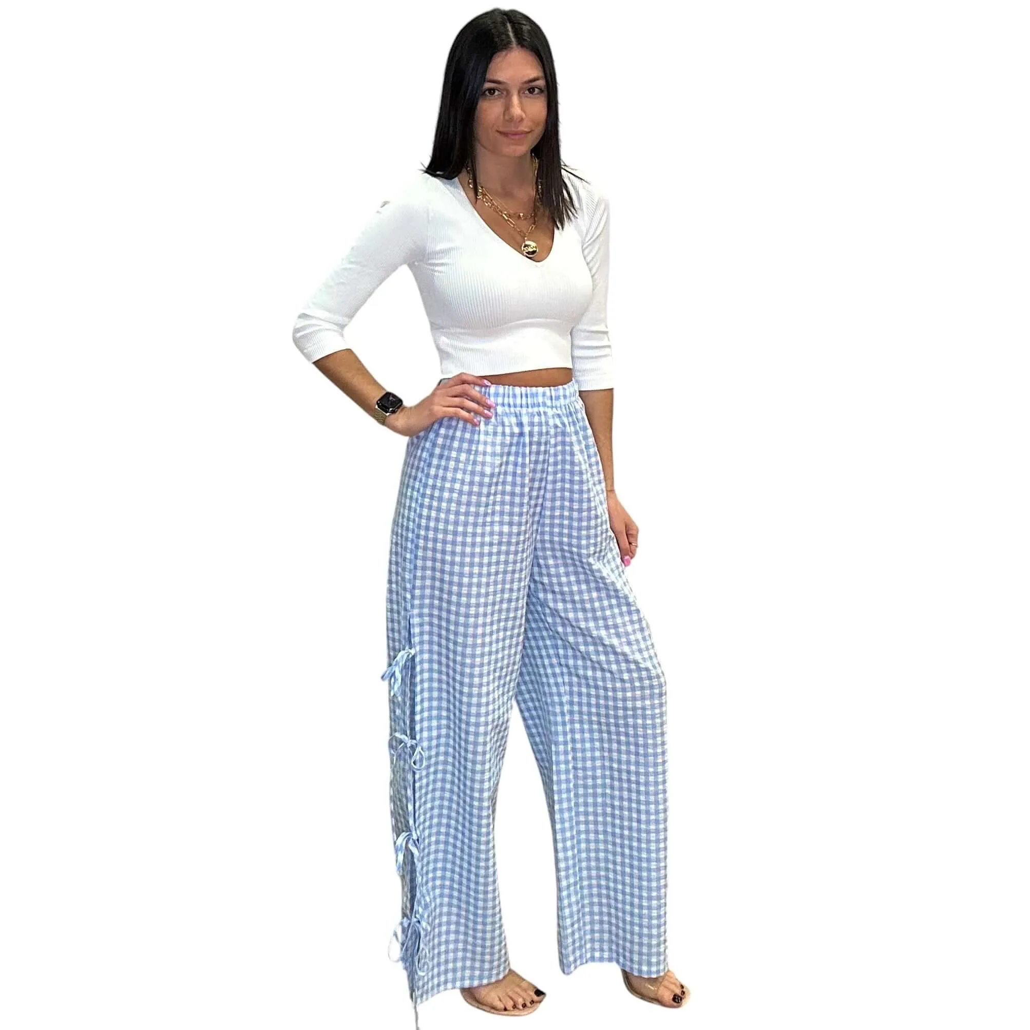 Blue Gingham Tie-Side Wide-Leg Pants