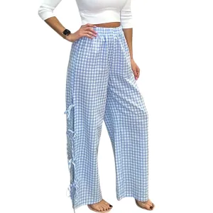 Blue Gingham Tie-Side Wide-Leg Pants