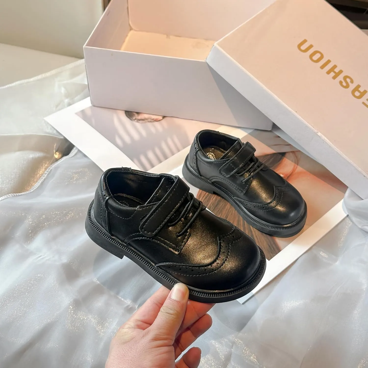 Children's Classic Oxford Dress Shoes, Black Leather, Lace-up and Hook-and-Loop Styles