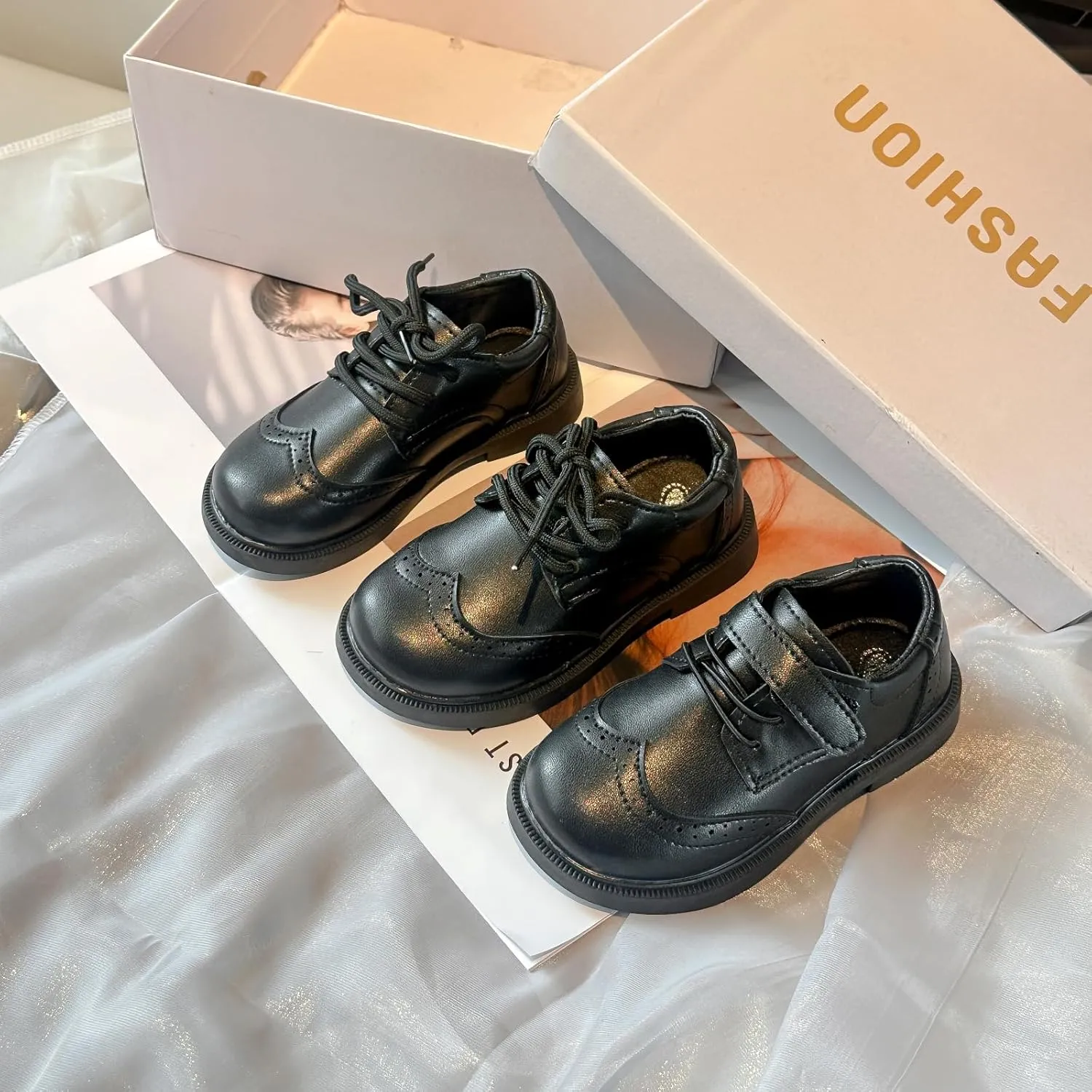 Children's Classic Oxford Dress Shoes, Black Leather, Lace-up and Hook-and-Loop Styles