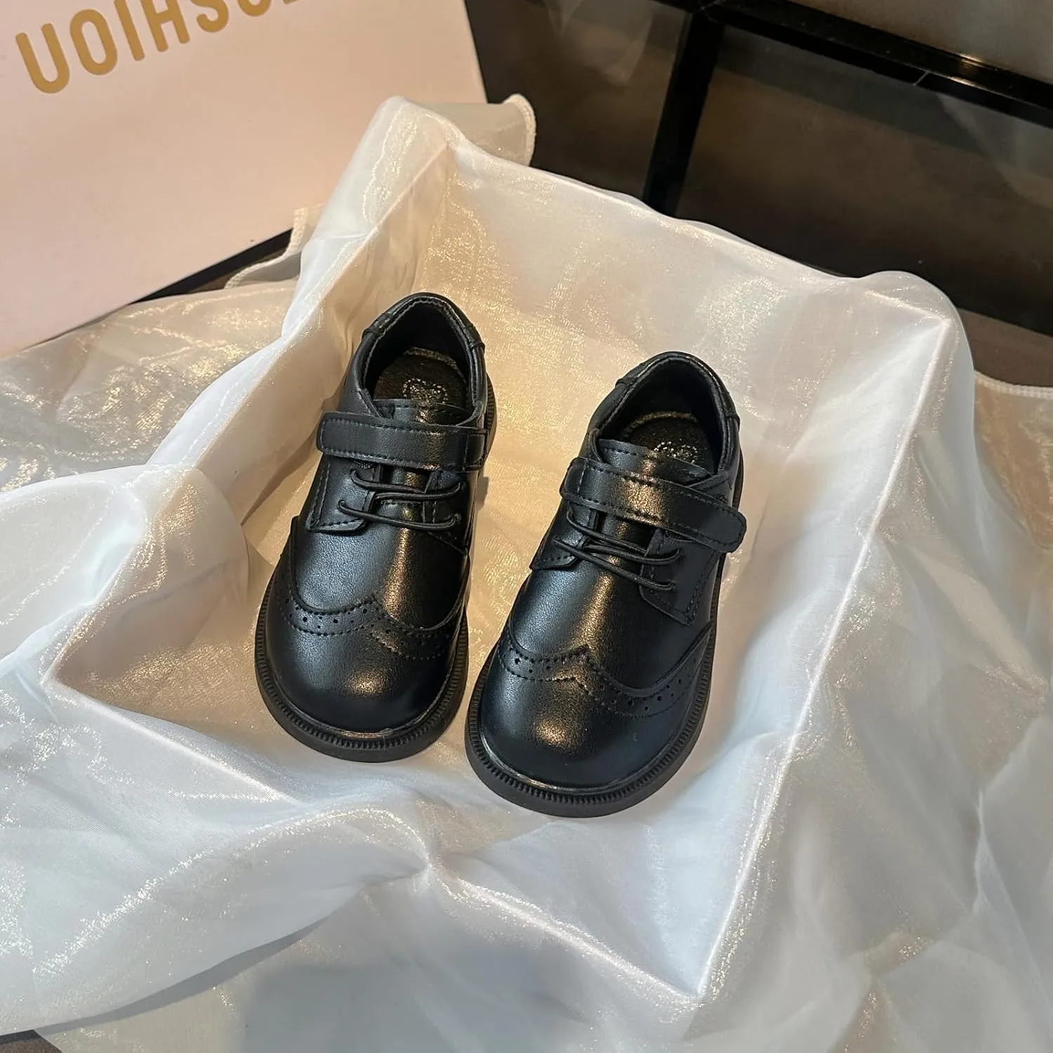 Children's Classic Oxford Dress Shoes, Black Leather, Lace-up and Hook-and-Loop Styles