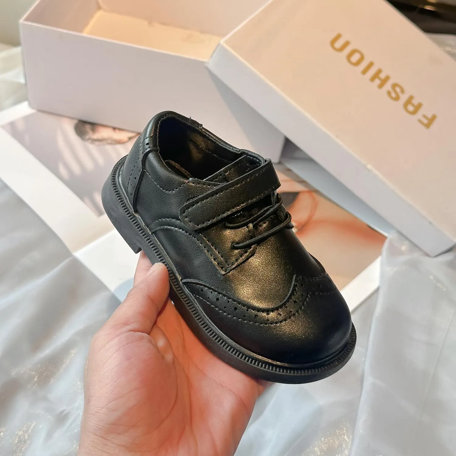 Children's Classic Oxford Dress Shoes, Black Leather, Lace-up and Hook-and-Loop Styles