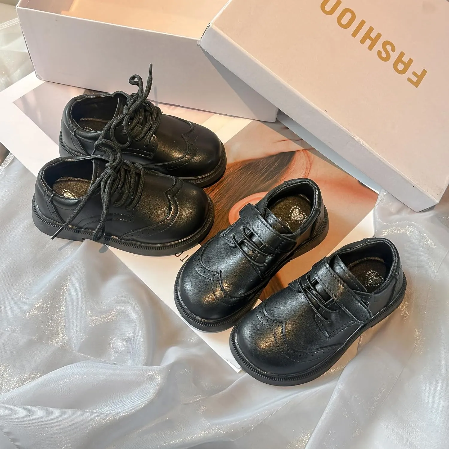 Children's Classic Oxford Dress Shoes, Black Leather, Lace-up and Hook-and-Loop Styles