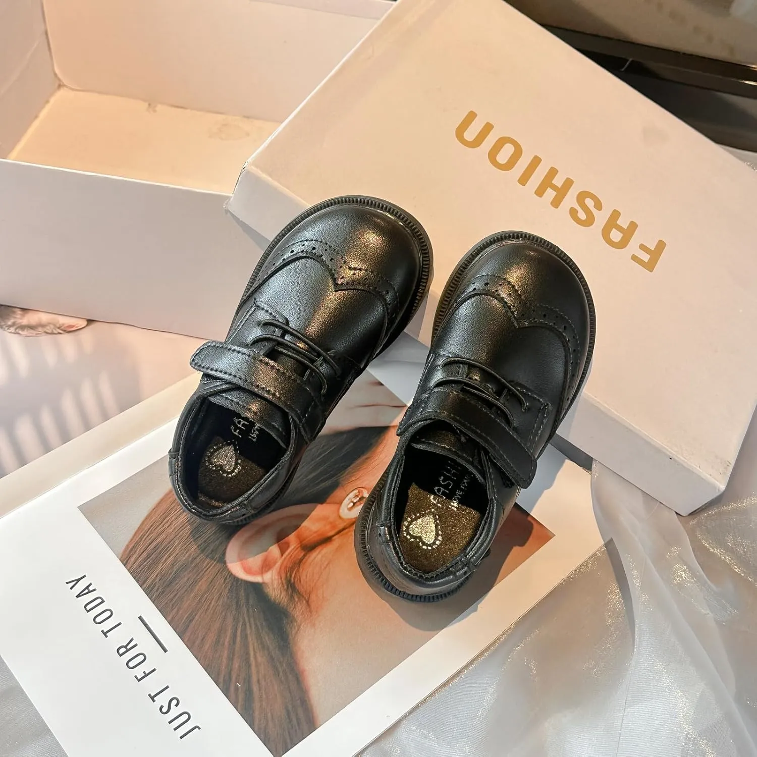 Children's Classic Oxford Dress Shoes, Black Leather, Lace-up and Hook-and-Loop Styles