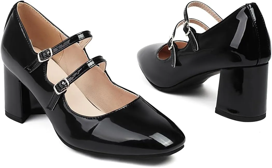 Chunky High Heels Closed Round Toe Mary Jane Pumps