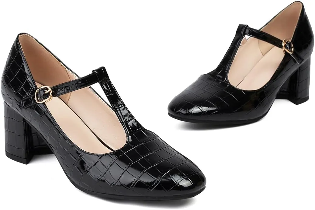 Chunky High Heels Closed Round Toe Mary Jane Pumps