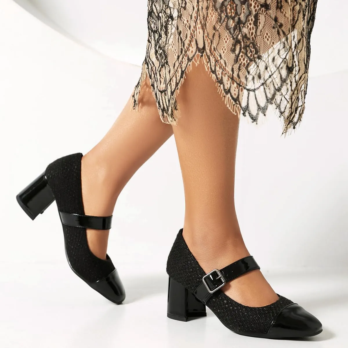 Chunky High Heels Closed Round Toe Mary Jane Pumps