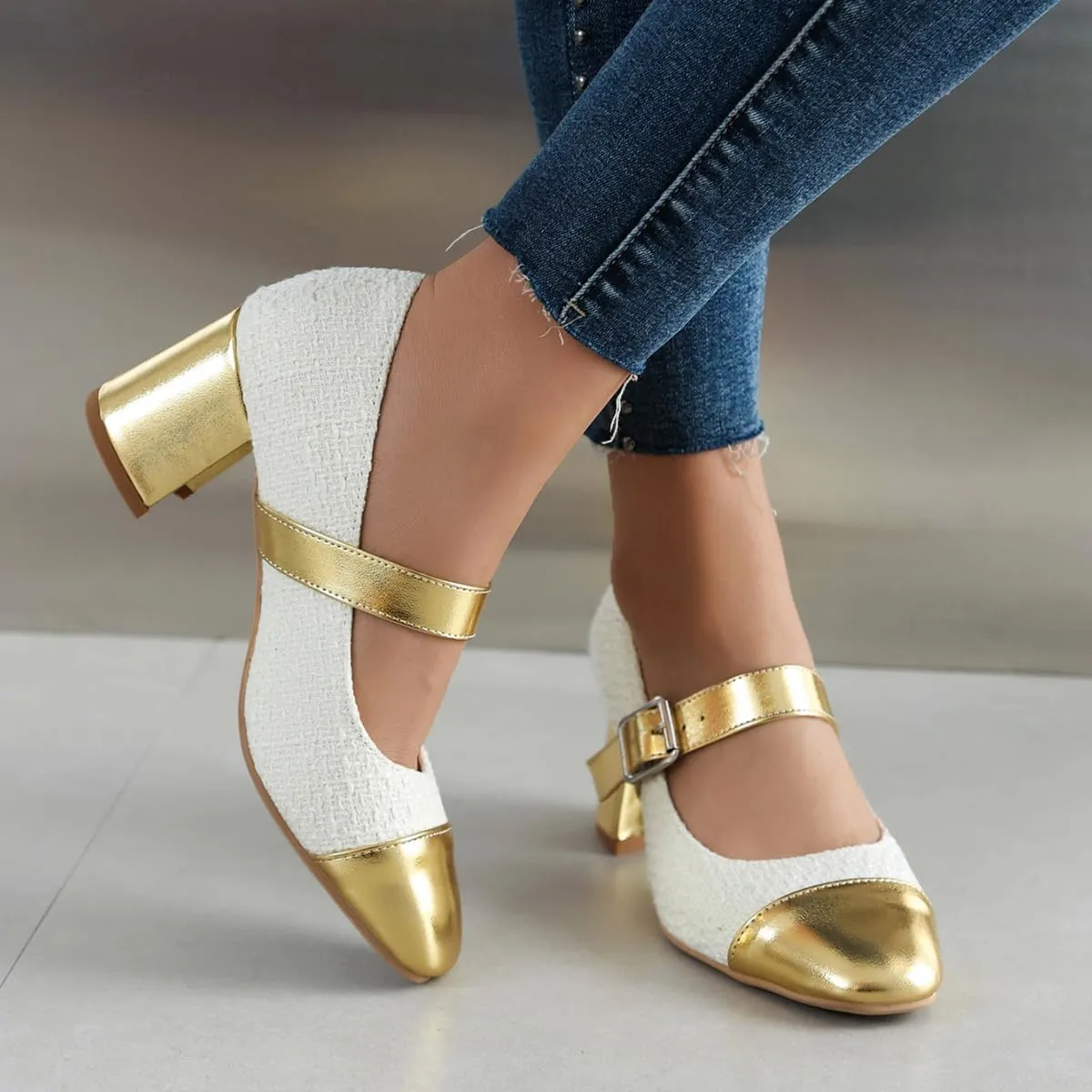 Chunky High Heels Closed Round Toe Mary Jane Pumps
