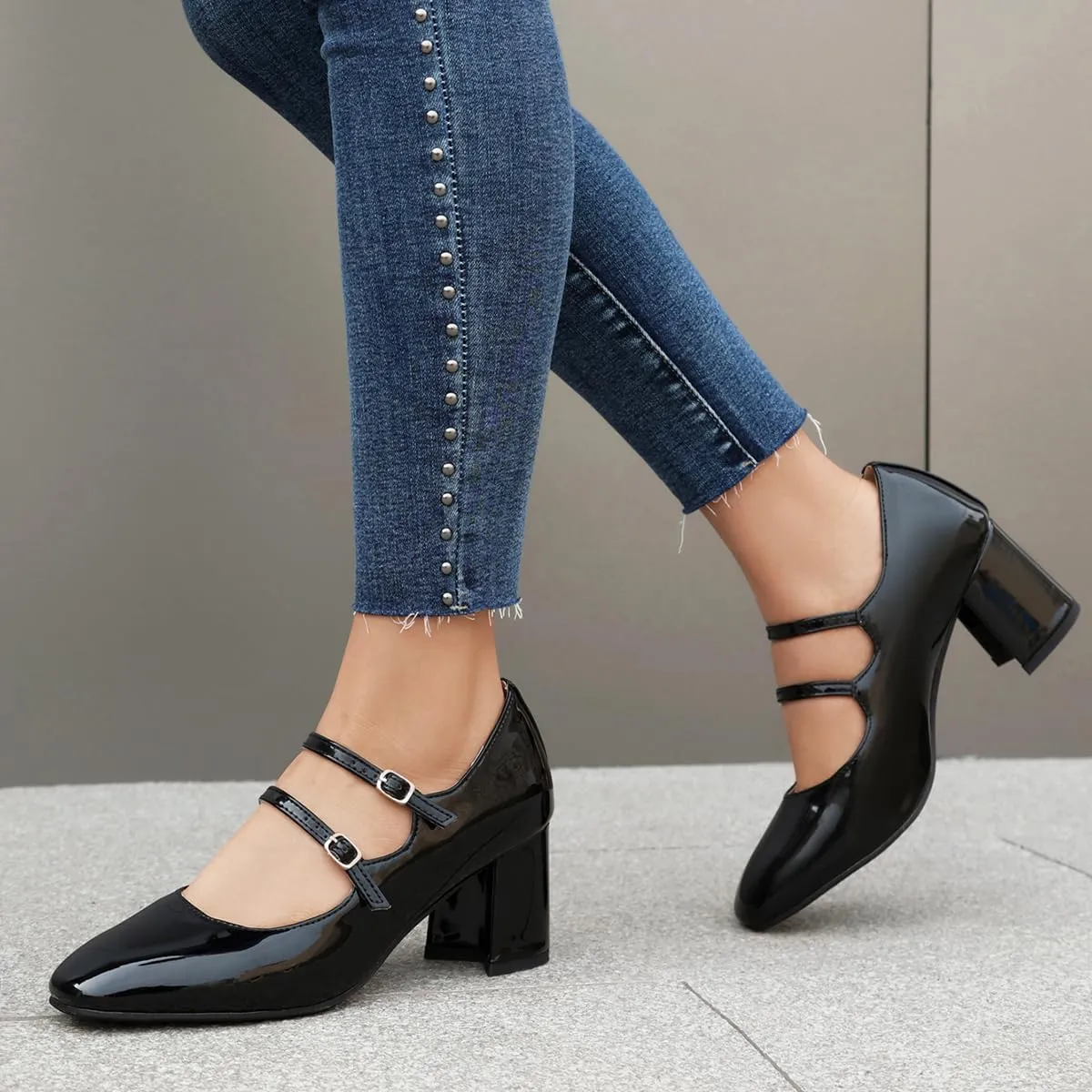 Chunky High Heels Closed Round Toe Mary Jane Pumps