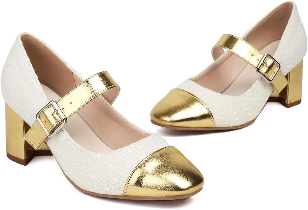 Chunky High Heels Closed Round Toe Mary Jane Pumps