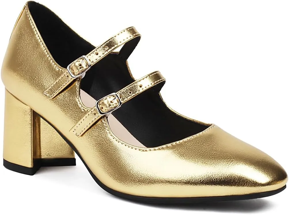 Chunky High Heels Closed Round Toe Mary Jane Pumps
