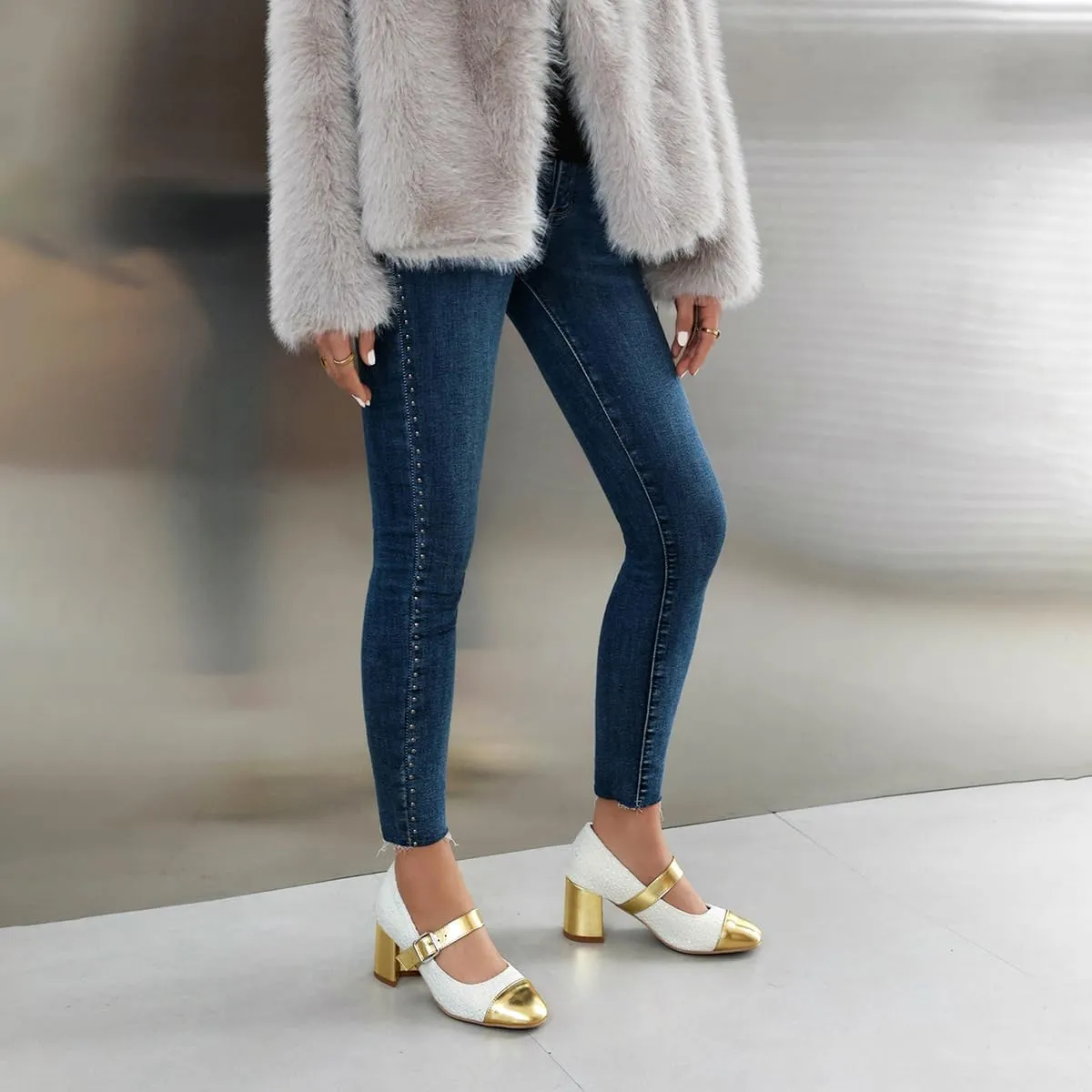 Chunky High Heels Closed Round Toe Mary Jane Pumps