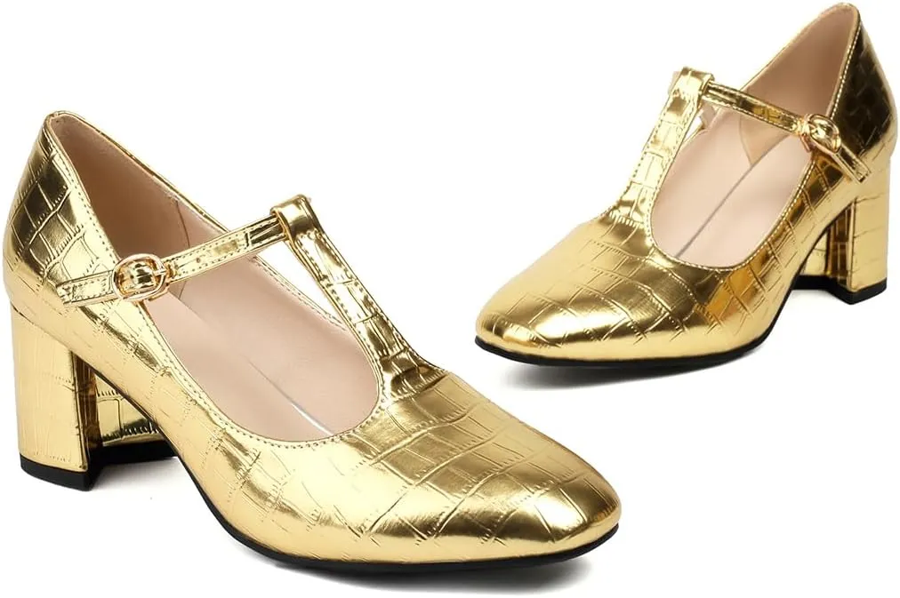 Chunky High Heels Closed Round Toe Mary Jane Pumps