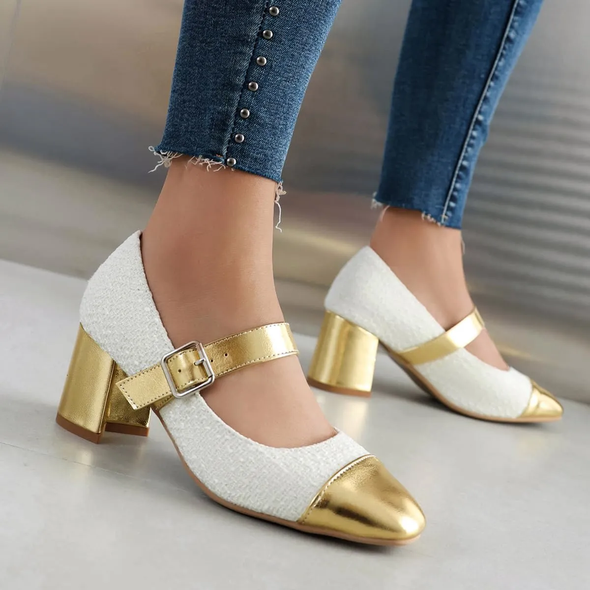 Chunky High Heels Closed Round Toe Mary Jane Pumps