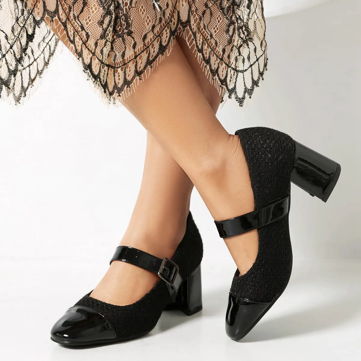 Chunky High Heels Closed Round Toe Mary Jane Pumps