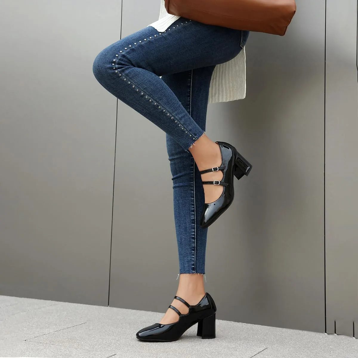 Chunky High Heels Closed Round Toe Mary Jane Pumps