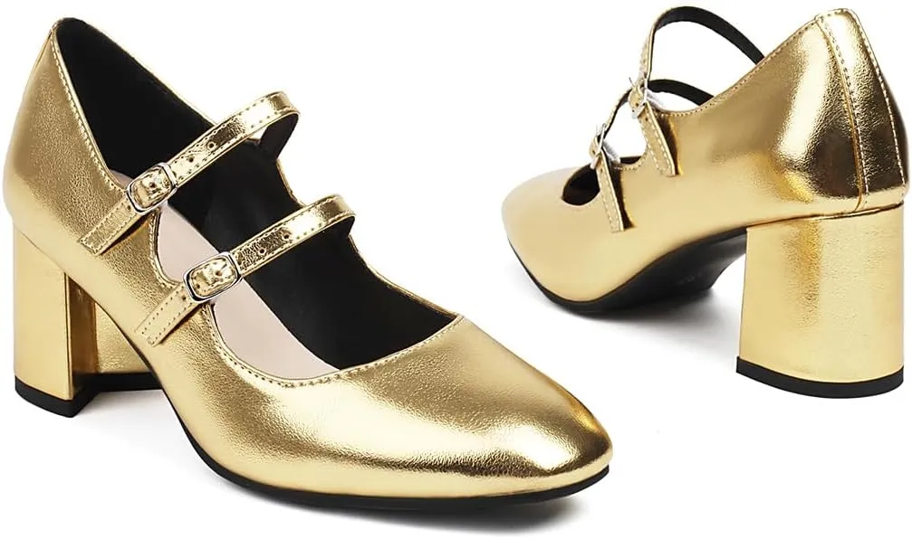 Chunky High Heels Closed Round Toe Mary Jane Pumps
