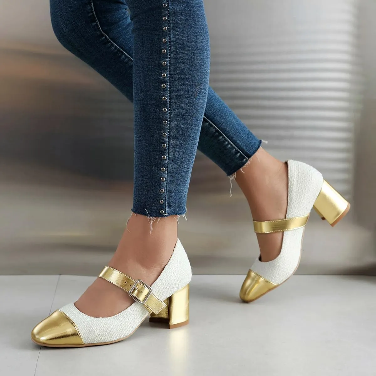 Chunky High Heels Closed Round Toe Mary Jane Pumps