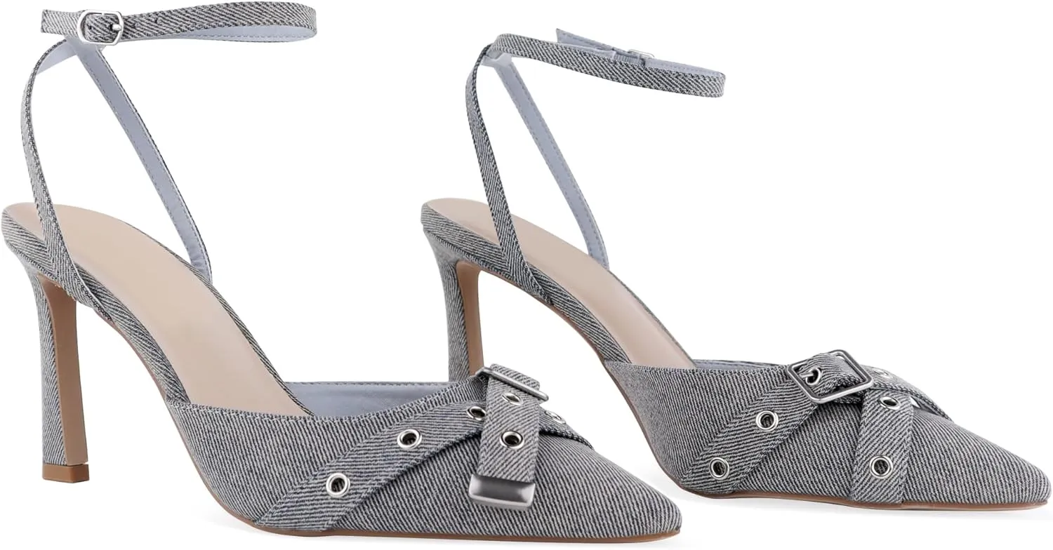 Closed Toe Ankle Strap Heels Women Pumps Pointed Toe Heeled Sandals for Women Stiletto Wedding Dress Shoes