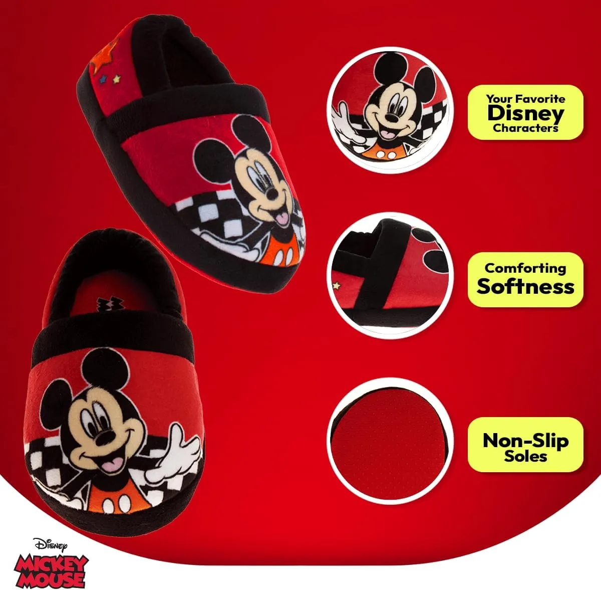 Disney Boys Mickey Mouse Slippers  Cozy Plush Fuzzy Slippers: Non-Slip, Non-Skid Slippers for Boys (Toddler/Little Kid)