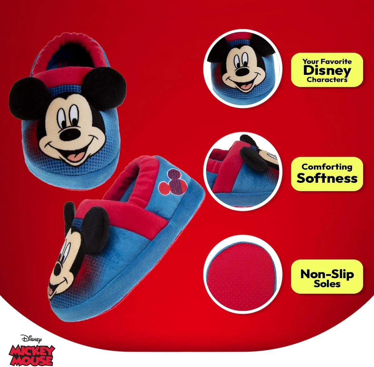 Disney Boys Mickey Mouse Slippers  Cozy Plush Fuzzy Slippers: Non-Slip, Non-Skid Slippers for Boys (Toddler/Little Kid)