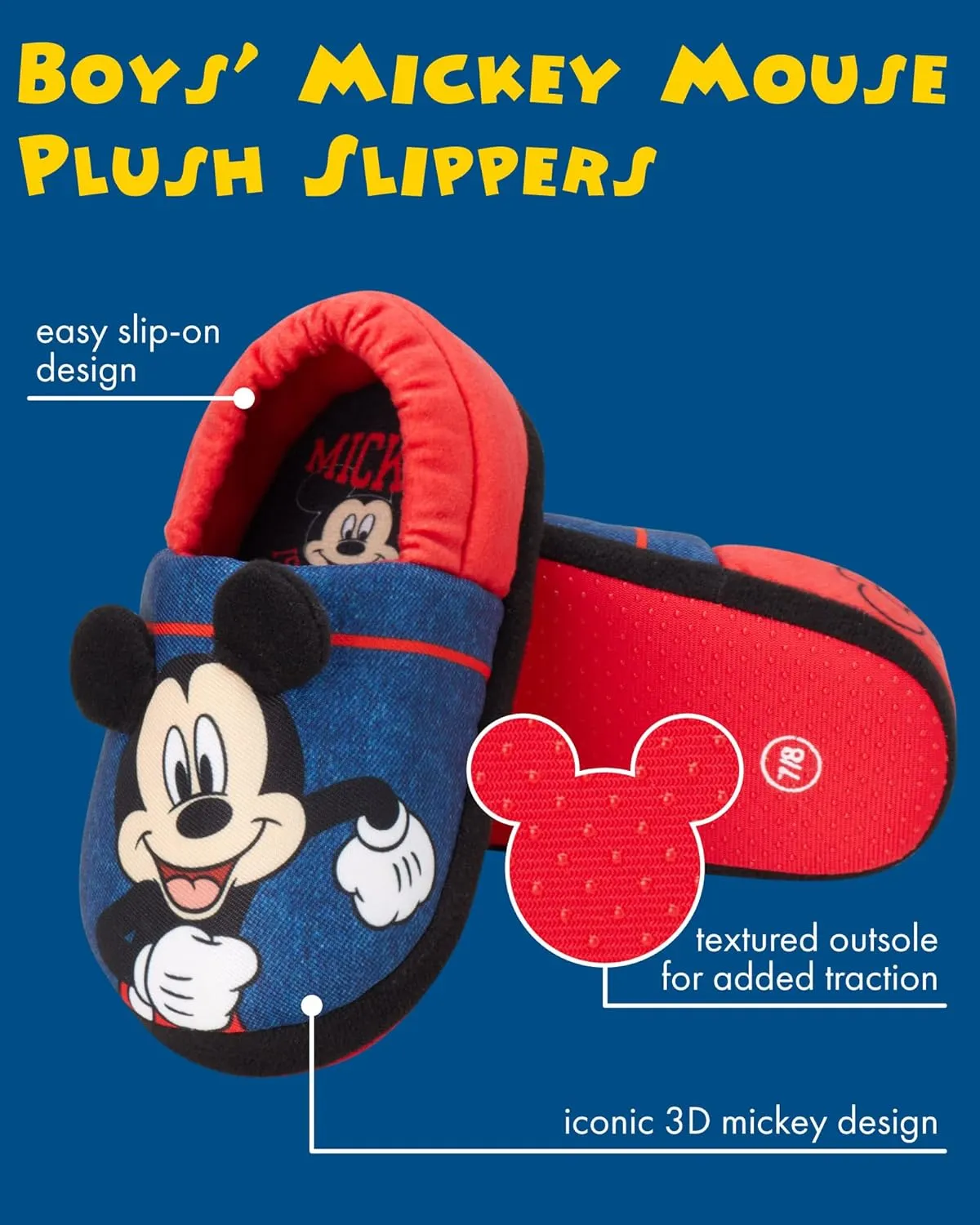 Disney Boys Mickey Mouse Slippers  Cozy Plush Fuzzy Slippers: Non-Slip, Non-Skid Slippers for Boys (Toddler/Little Kid)