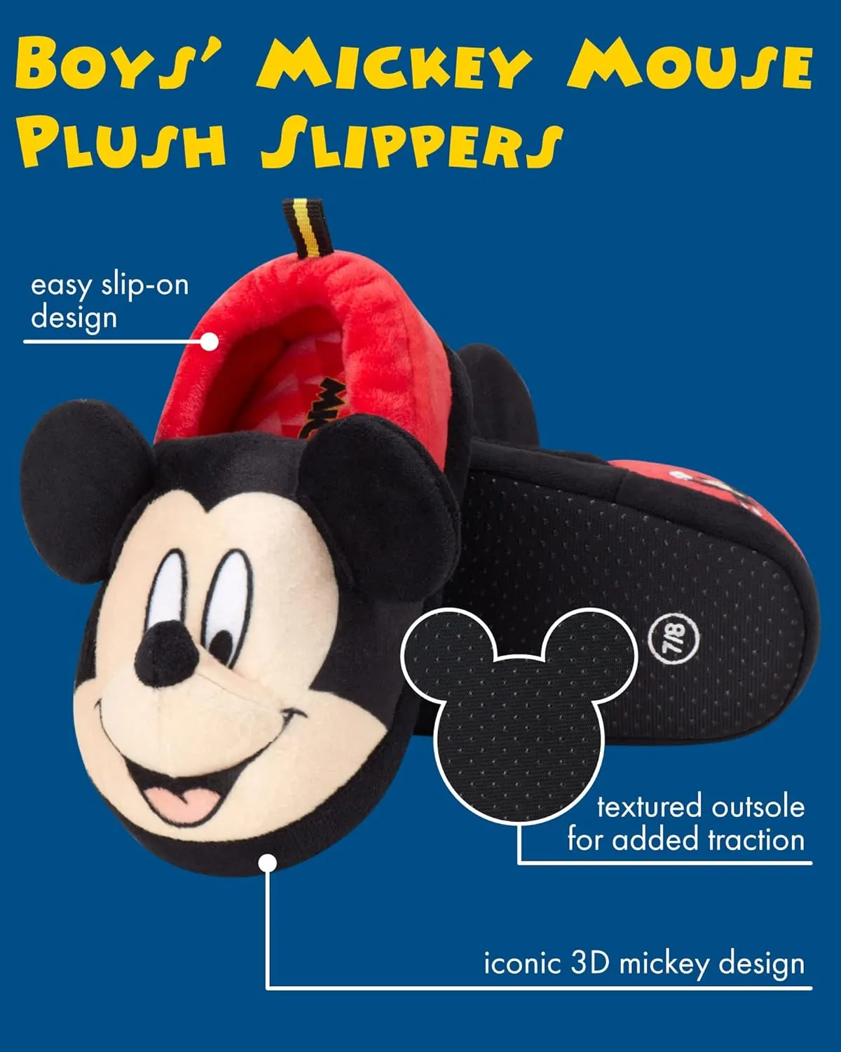 Disney Boys Mickey Mouse Slippers  Cozy Plush Fuzzy Slippers: Non-Slip, Non-Skid Slippers for Boys (Toddler/Little Kid)