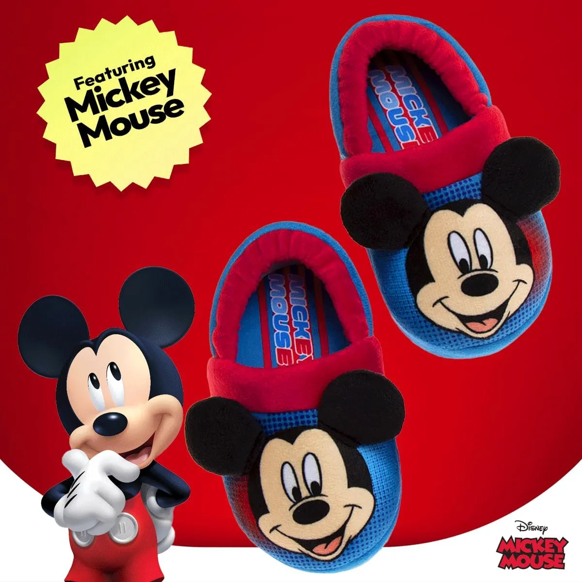 Disney Boys Mickey Mouse Slippers  Cozy Plush Fuzzy Slippers: Non-Slip, Non-Skid Slippers for Boys (Toddler/Little Kid)