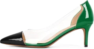 Eldof Women's Pointed Toe Cap Clear Stilettos Pumps Transparent PVC Vamp Mid Heels Slip on Wedding Dress Work Shoes 2.5 Inch