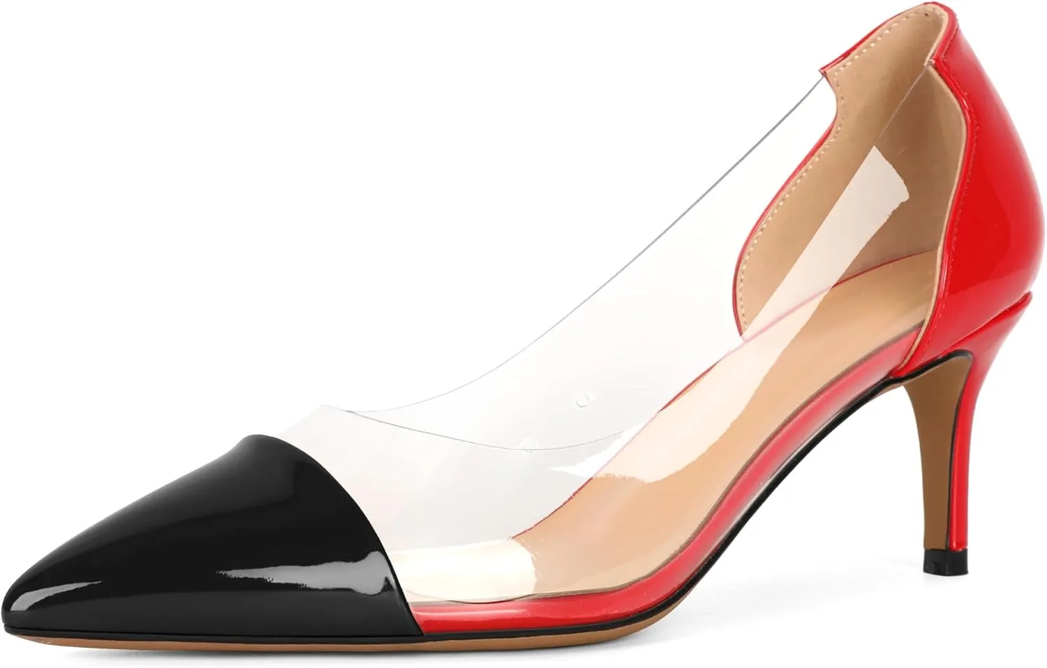 Eldof Women's Pointed Toe Cap Clear Stilettos Pumps Transparent PVC Vamp Mid Heels Slip on Wedding Dress Work Shoes 2.5 Inch