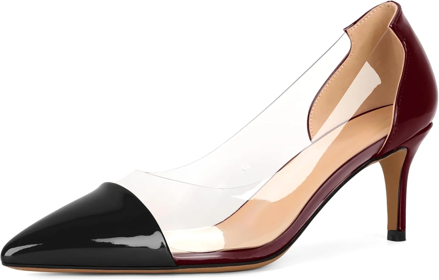 Eldof Women's Pointed Toe Cap Clear Stilettos Pumps Transparent PVC Vamp Mid Heels Slip on Wedding Dress Work Shoes 2.5 Inch