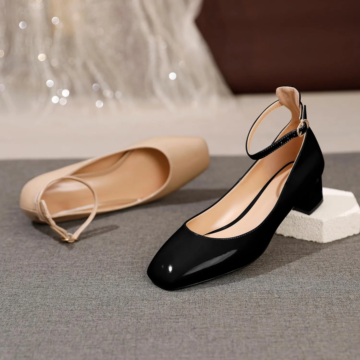 Esvowido Women's Block Heels Closed Square Toe Low Chunky Heels for Ladies Ankle Strap Comfortable Dress Shoes