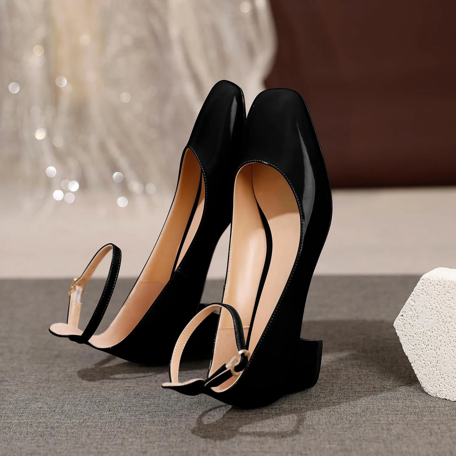 Esvowido Women's Block Heels Closed Square Toe Low Chunky Heels for Ladies Ankle Strap Comfortable Dress Shoes