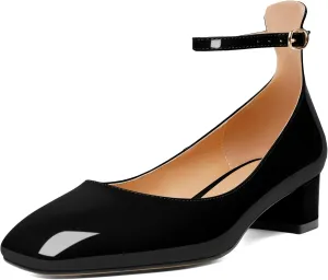 Esvowido Women's Block Heels Closed Square Toe Low Chunky Heels for Ladies Ankle Strap Comfortable Dress Shoes