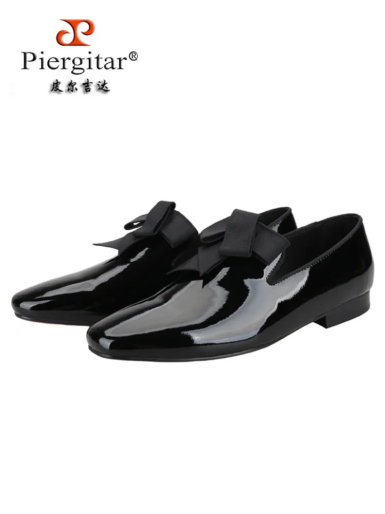 Export European and American black patent leather banquet formal shoes for men, handmade bow tie decoration, trendy slip-on loafers